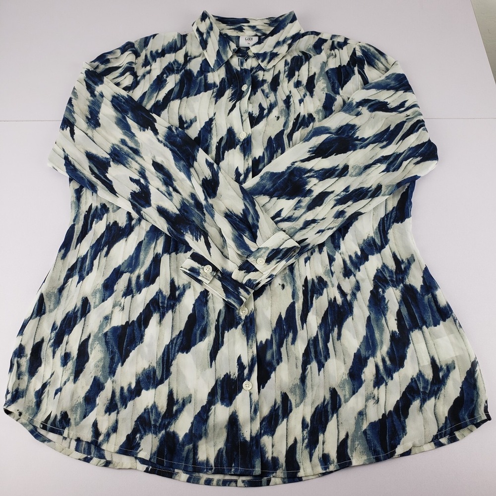 Cabi Blouse Women Large Blue Beige Geometric Long Sleeve Button Sheer Shirt Top